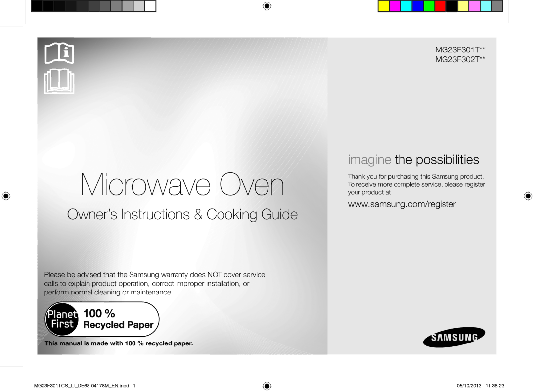 Samsung MG23F301TCS/LI Microwave Oven, This manual is made with 100 % recycled paper 