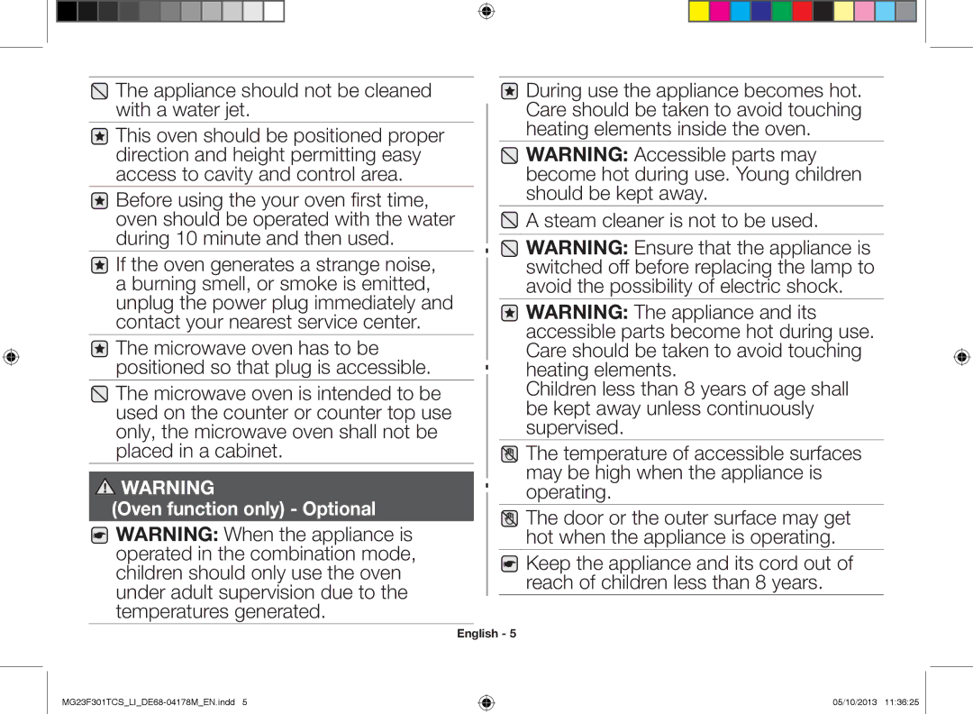 Samsung MG23F301TCS/LI manual Appliance should not be cleaned with a water jet, Oven function only Optional 