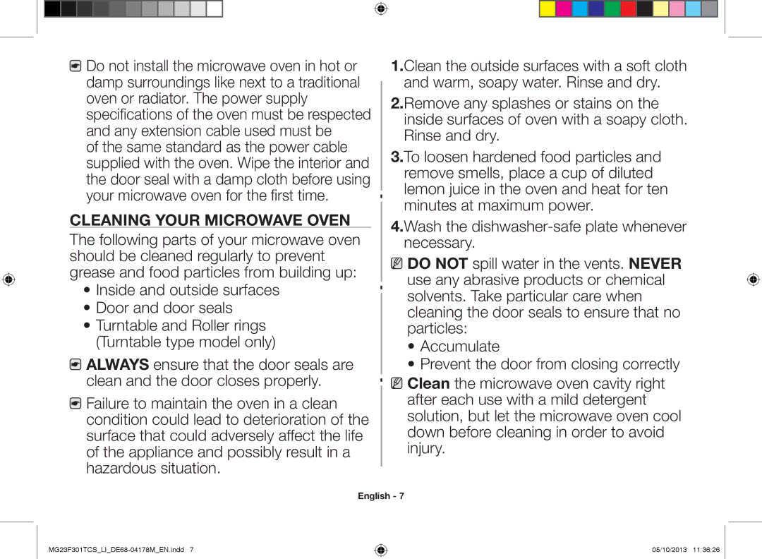 Samsung MG23F301TCS/LI manual Remove smells, place a cup of diluted, Cleaning your microwave oven 