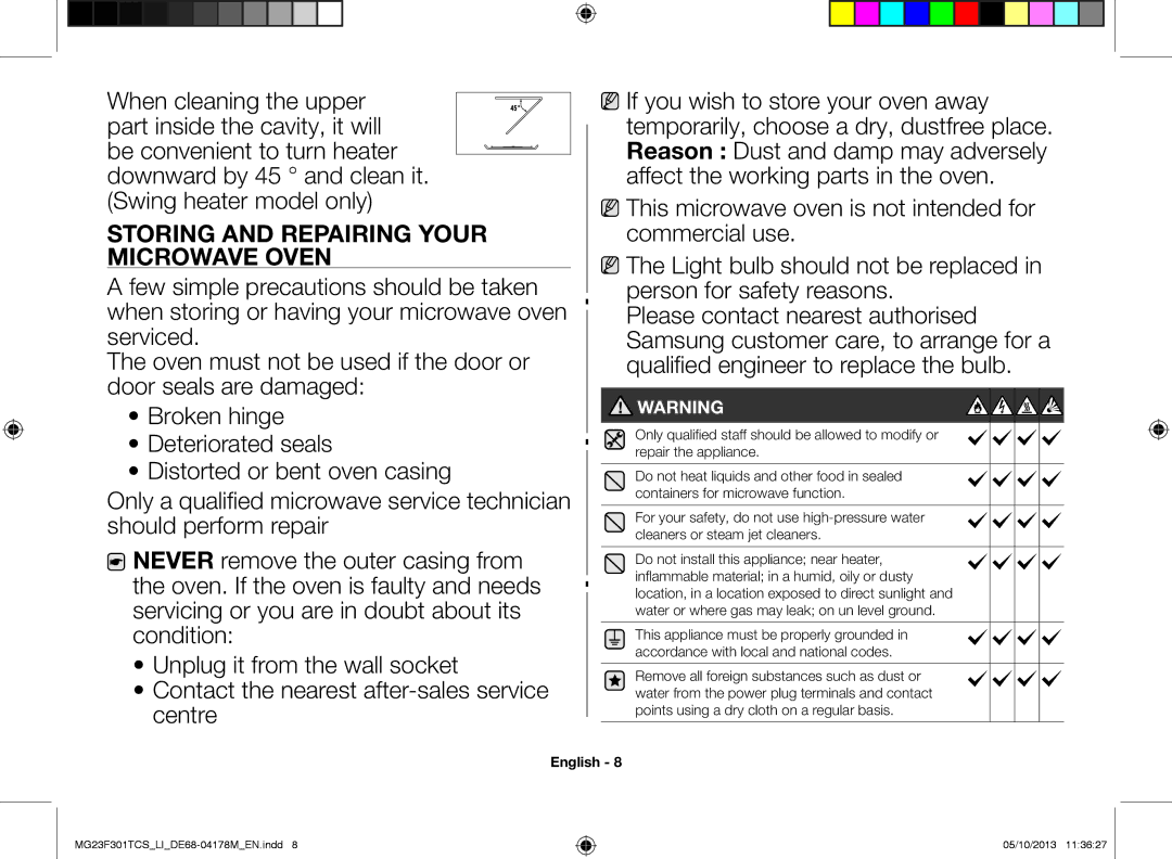 Samsung MG23F301TCS/LI manual Storing and repairing your microwave oven 