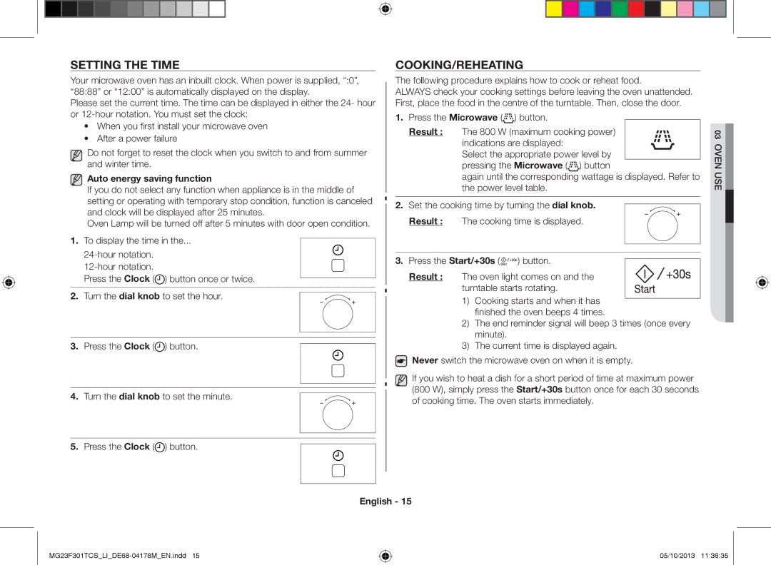 Samsung MG23F301TCS/LI manual Setting the time, Cooking/Reheating, Auto energy saving function, Result 