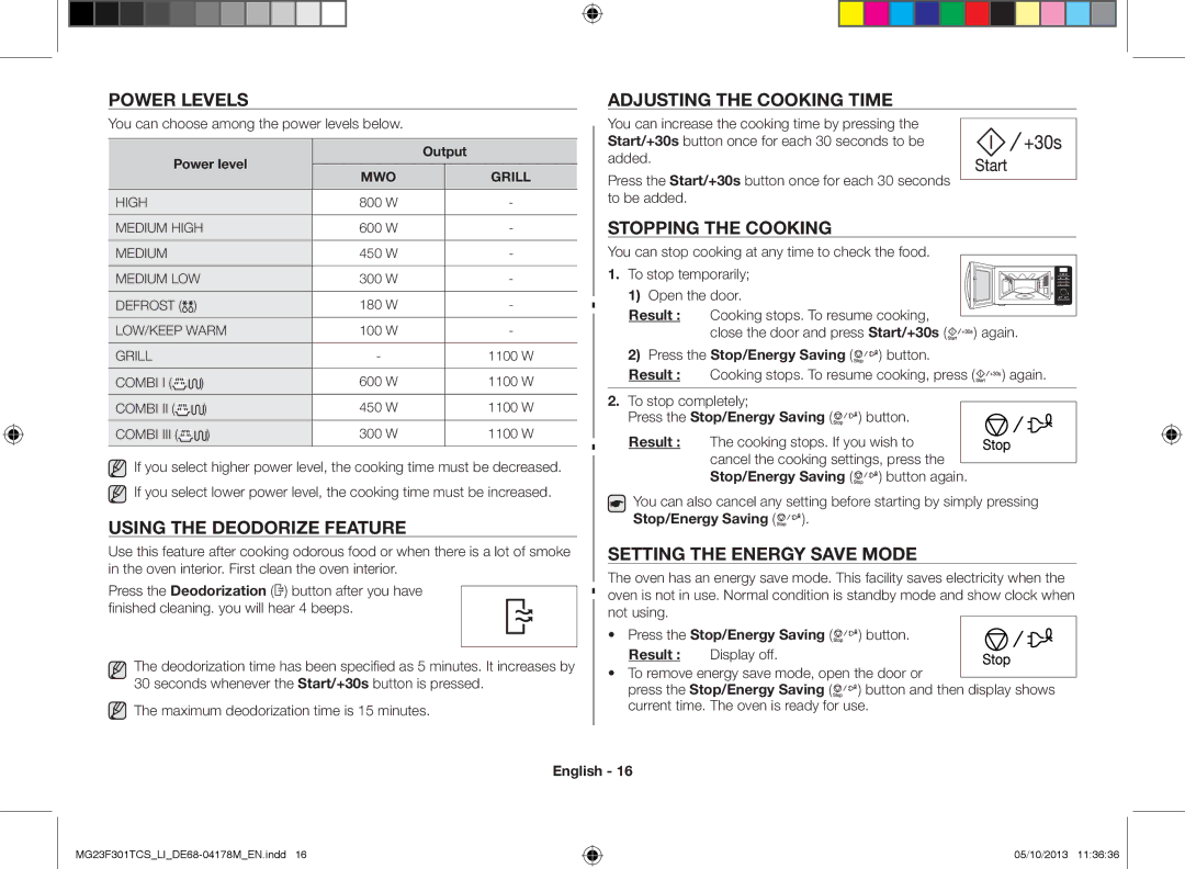 Samsung MG23F301TCS/LI manual Power levels, Using the deodorize feature, Adjusting the cooking time, Stopping the cooking 