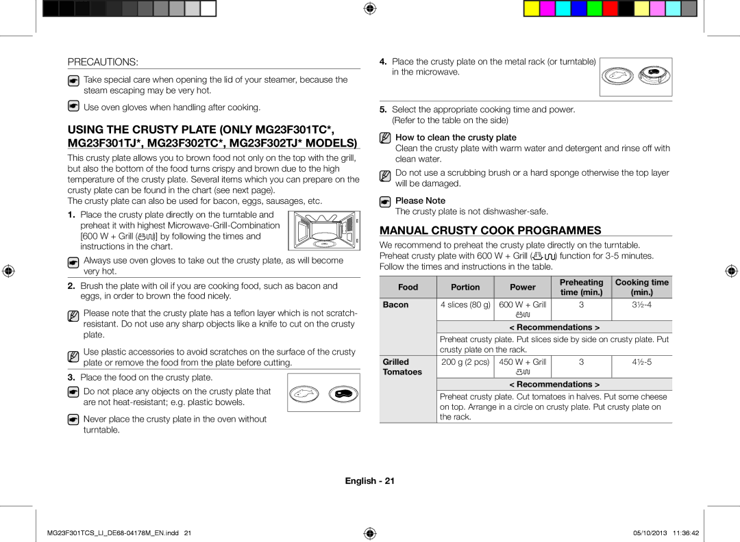 Samsung MG23F301TCS/LI manual Manual crusty cook programmes, Precautions 