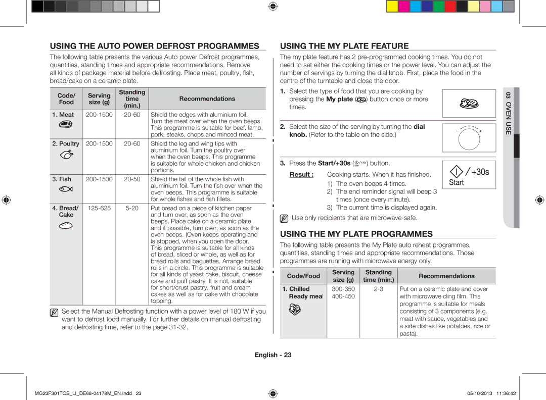 Samsung MG23F301TCS/LI Using the auto power defrost programmes, Using the my plate feature, Using the my plate programmes 
