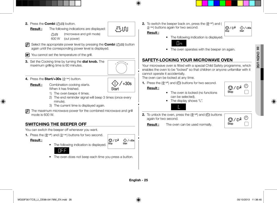 Samsung MG23F301TCS/LI manual Switching the beeper off, Safety-locking your microwave oven 