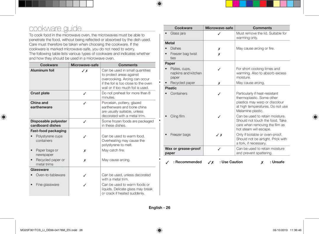 Samsung MG23F301TCS/LI manual Cookware guide 