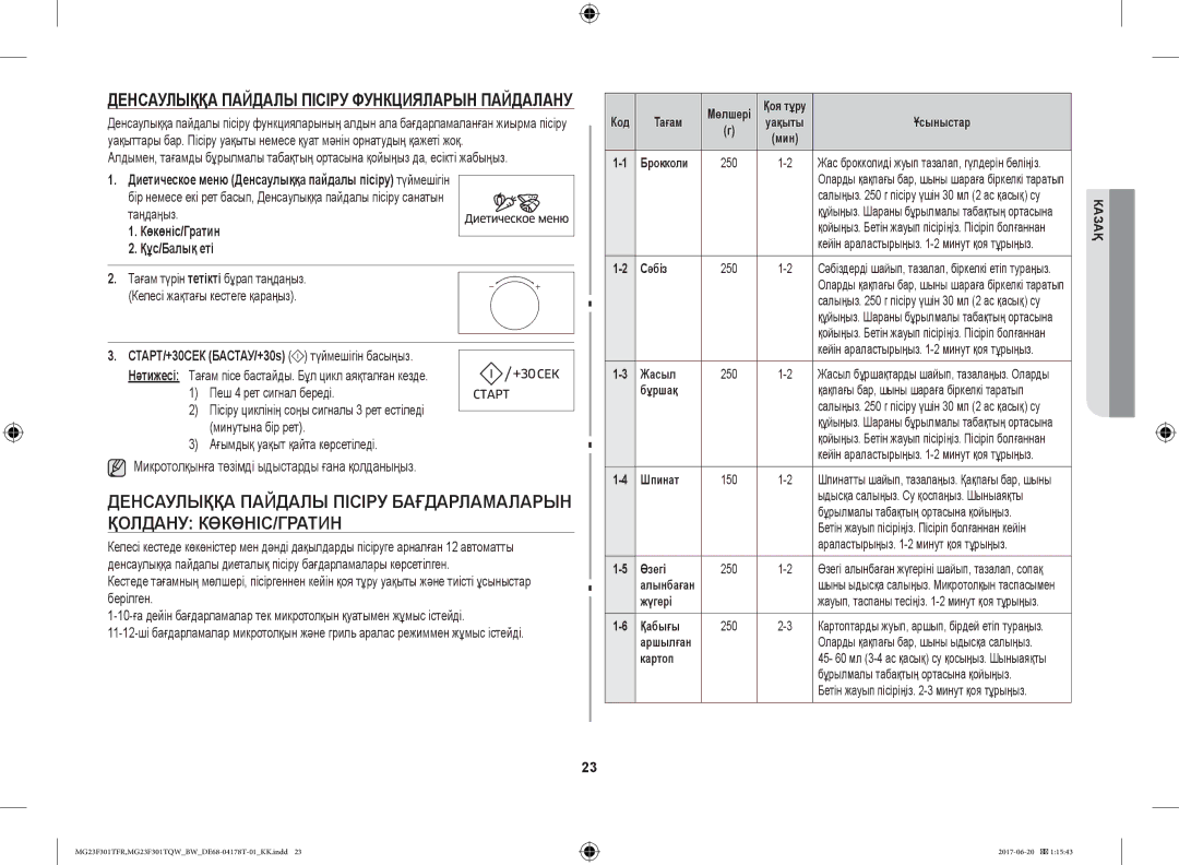 Samsung MG23F301TFR/BW manual Диетическое меню Денсаулыққа пайдалы пісіру түймешігін, Көкөніс/Гратин Құс/Балық еті 