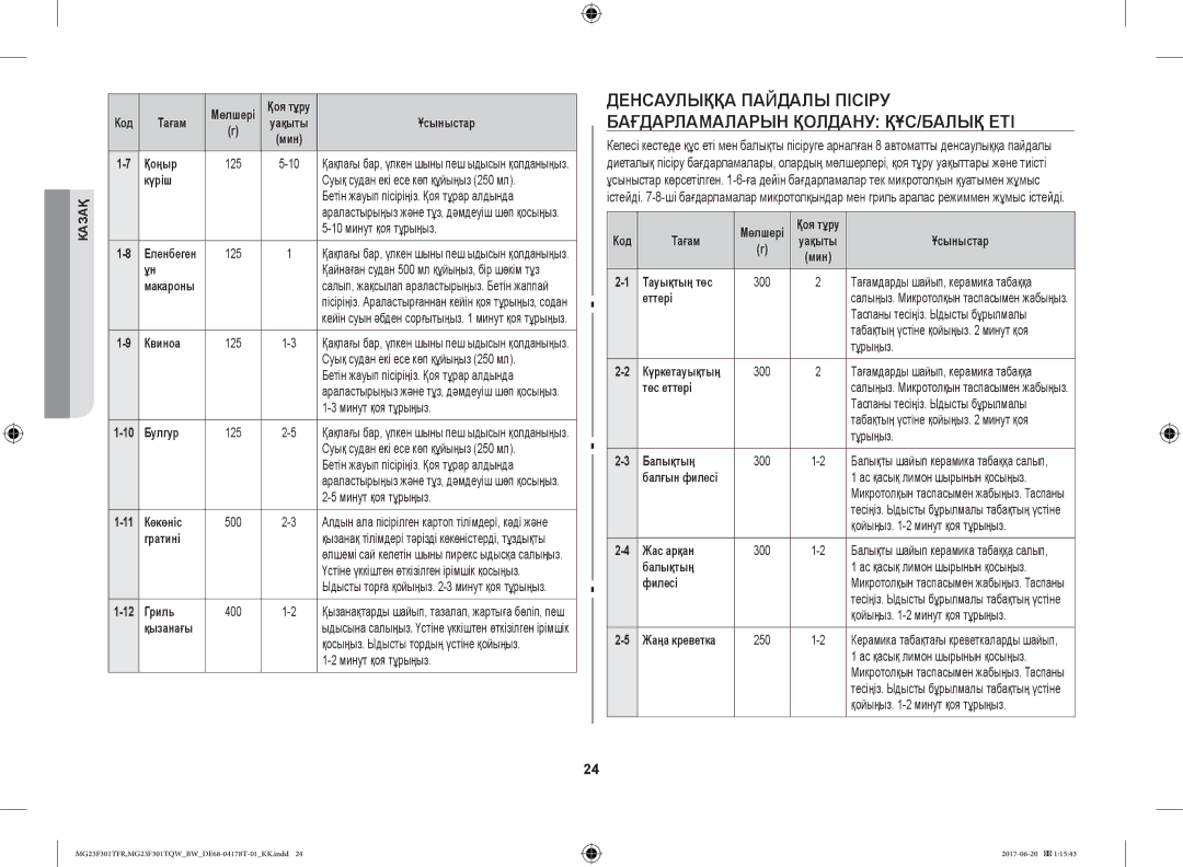 Samsung MG23F301TFR/BW Қоңыр, Күріш, Квиноа, Булгур, Гратині, Гриль, Тауықтың төс, Еттері, Төс еттері, Балықтың, Жас арқан 