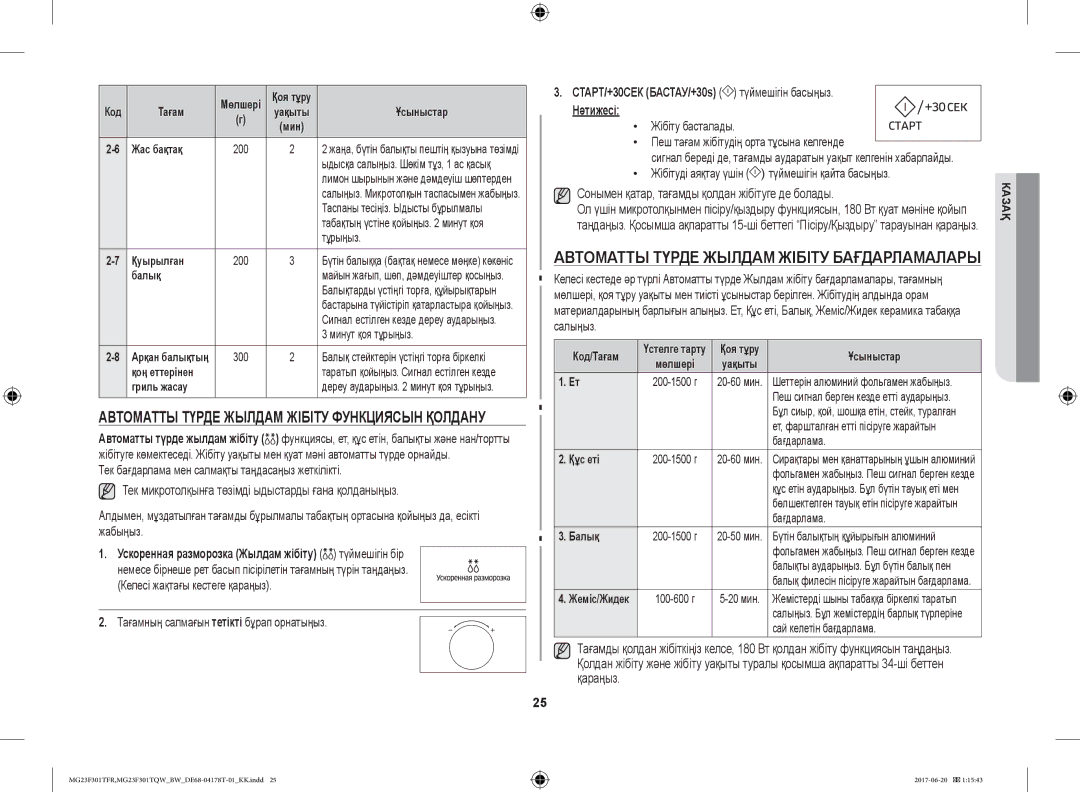 Samsung MG23F301TFR/BW Автоматты Түрде Жылдам Жібіту Бағдарламалары, Ускоренная разморозка Жылдам жібіту түймешігін бір 