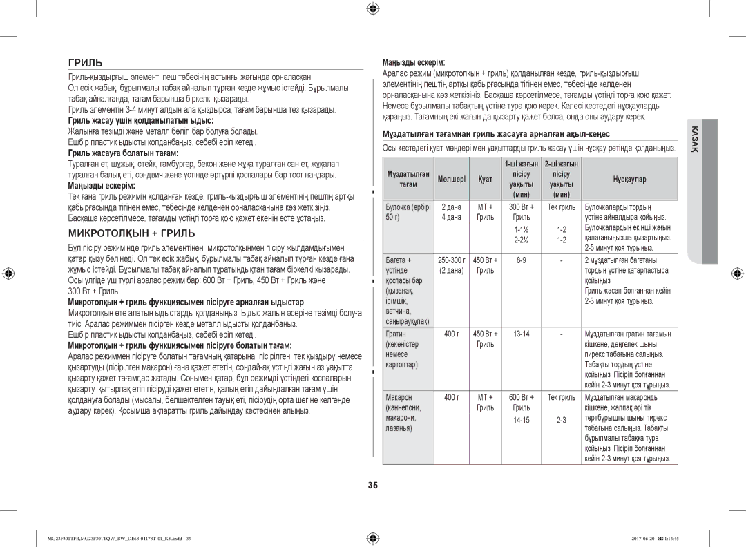 Samsung MG23F301TFR/BW manual Микротолқын + Гриль 