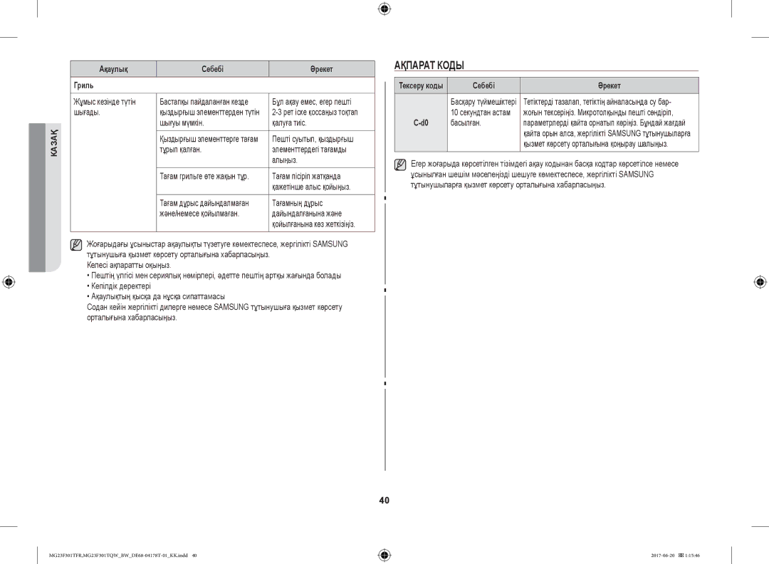Samsung MG23F301TFR/BW manual Ақпарат Коды, Ақаулық Себебі Әрекет Гриль, Тексеру коды Себебі 