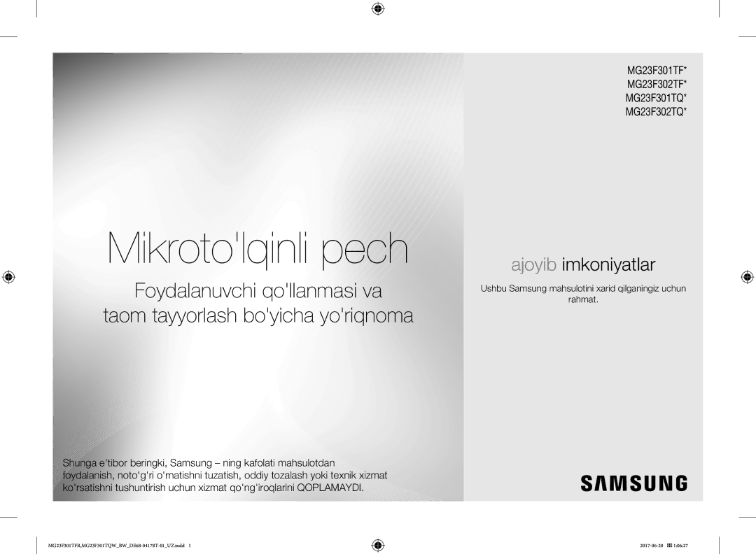 Samsung MG23F301TFR/BW manual Mikrotolqinli pech, Ushbu Samsung mahsulotini xarid qilganingiz uchun Rahmat 