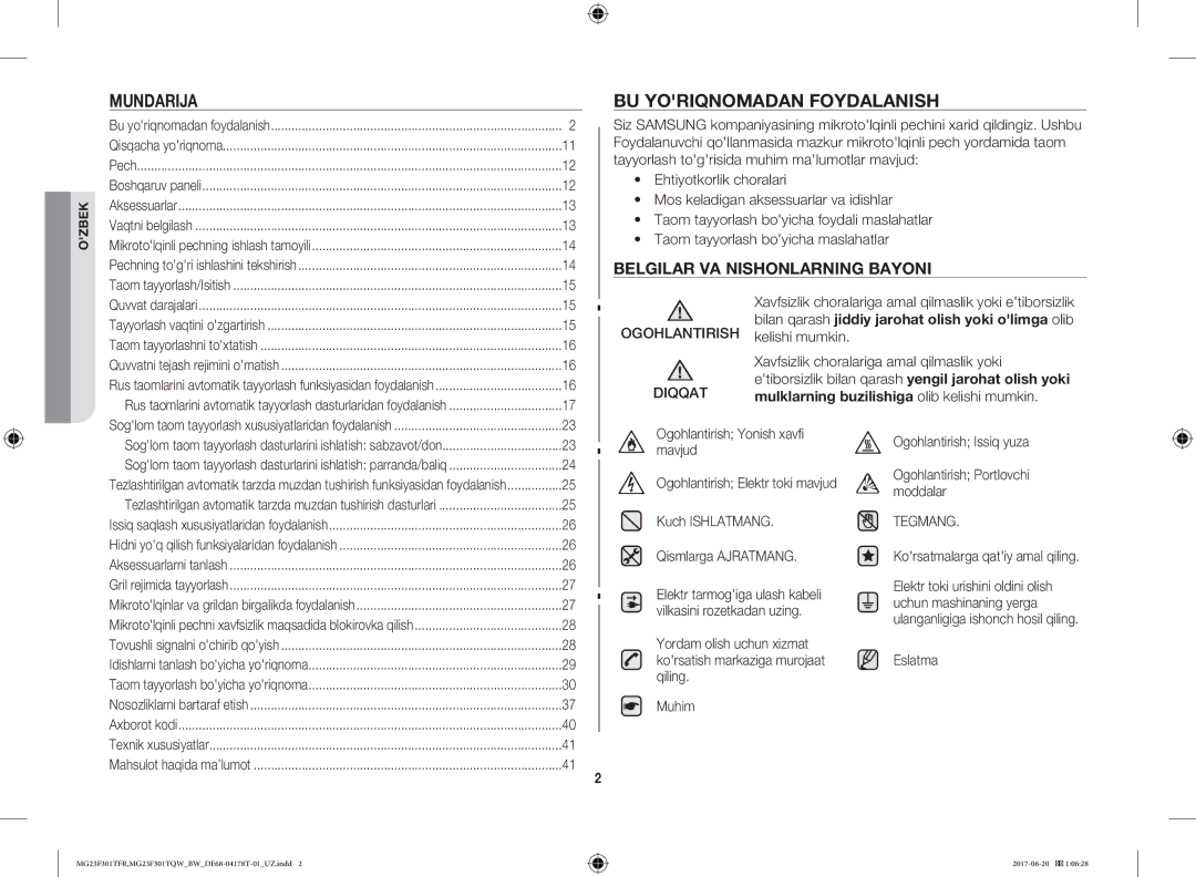 Samsung MG23F301TFR/BW Mundarija, BU Yoriqnomadan Foydalanish, Belgilar VA Nishonlarning Bayoni, Ogohlantirish Diqqat 