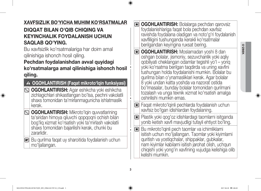 Samsung MG23F301TFR/BW manual Xavfsizlik Boyicha Muhim Korsatmalar 