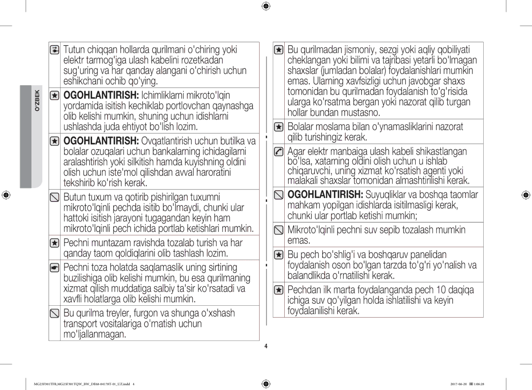 Samsung MG23F301TFR/BW manual Mikrotolqinli pechni suv sepib tozalash mumkin emas 