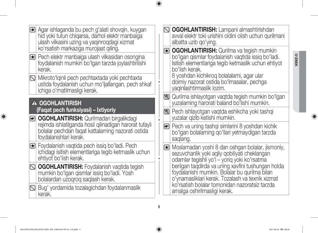 Samsung MG23F301TFR/BW manual Bug yordamida tozalagichdan foydalanmaslik kerak, Ogohlantirish 