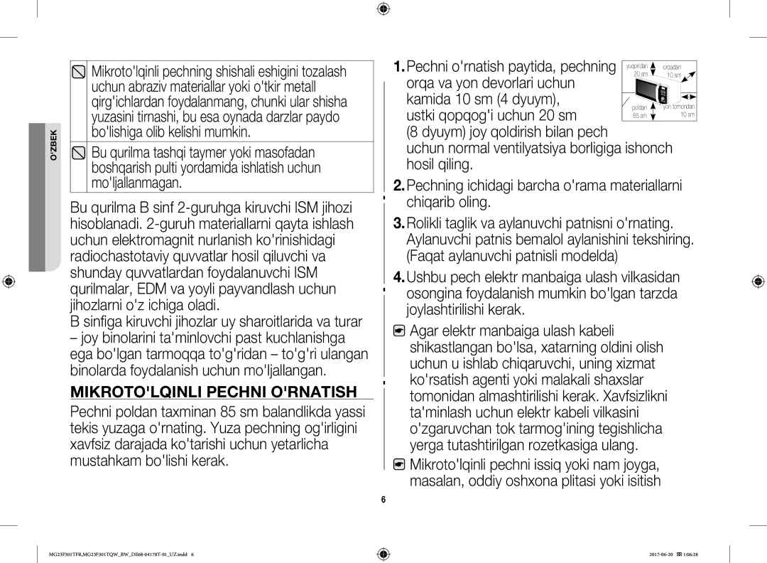 Samsung MG23F301TFR/BW manual Mikrotolqinli Pechni Ornatish 