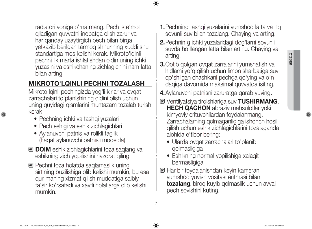 Samsung MG23F301TFR/BW manual Mikrotolqinli Pechni Tozalash, Aylanuvchi patnisni zaruratga qarab yuving 