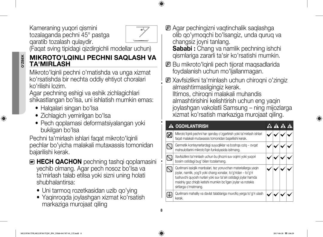 Samsung MG23F301TFR/BW manual Qaratib tozalash qulaydir, Mikrotolqinli Pechni Saqlash VA Tamirlash 