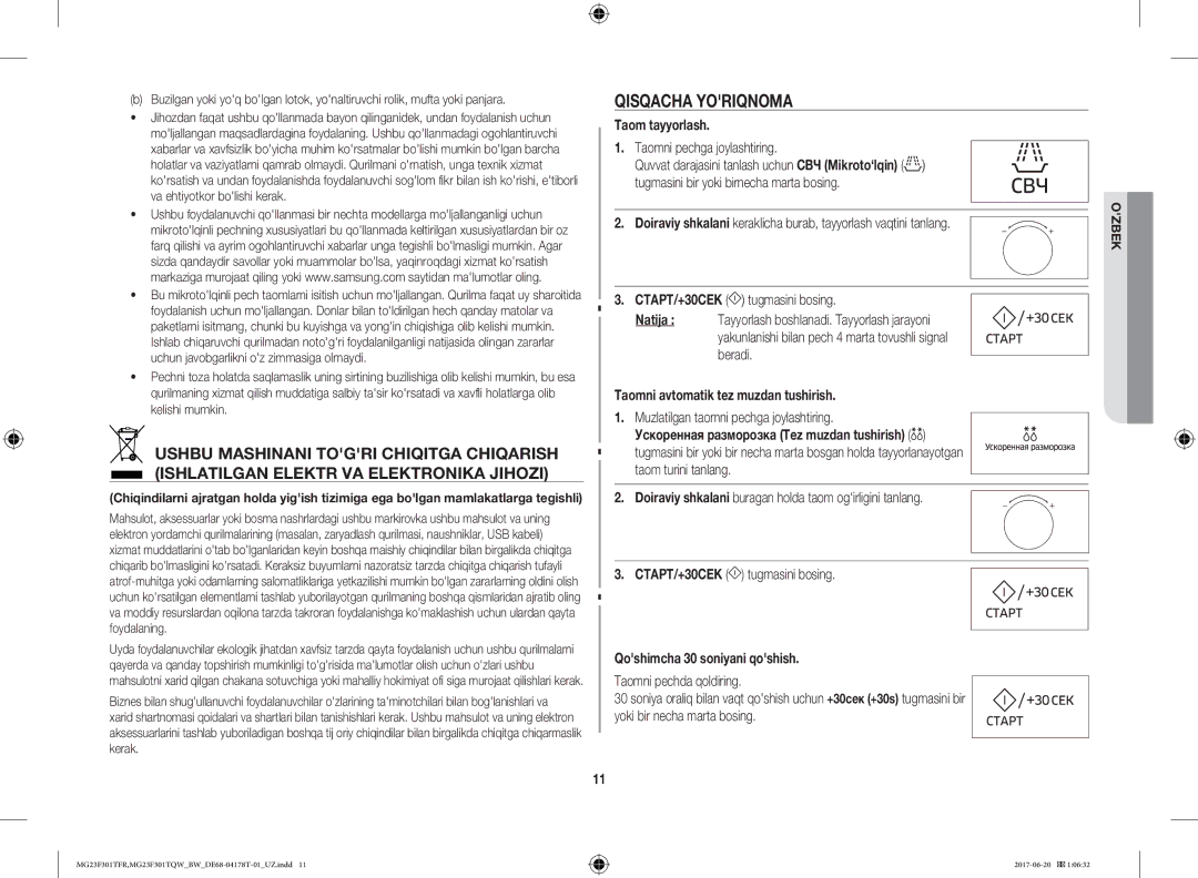 Samsung MG23F301TFR/BW manual Qisqacha Yoriqnoma, Taom tayyorlash, Taomni avtomatik tez muzdan tushirish 