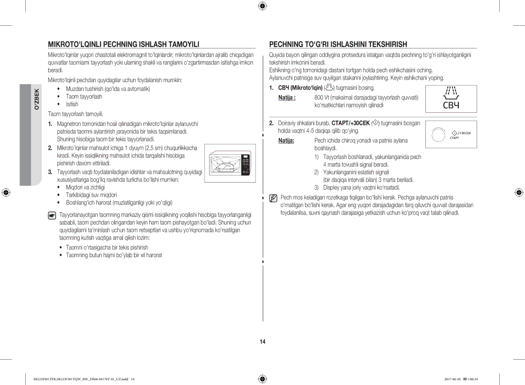 Samsung MG23F301TFR/BW manual Mikrotolqinli Pechning Ishlash Tamoyili, Pechning Togri Ishlashini Tekshirish 