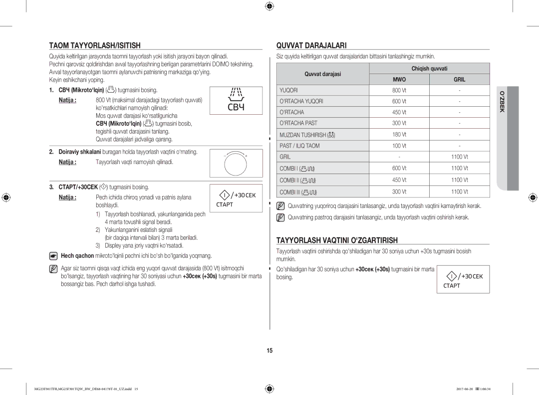 Samsung MG23F301TFR/BW manual Taom TAYYORLASH/ISITISH, Quvvat Darajalari, Tayyorlash Vaqtini Ozgartirish, Natija 