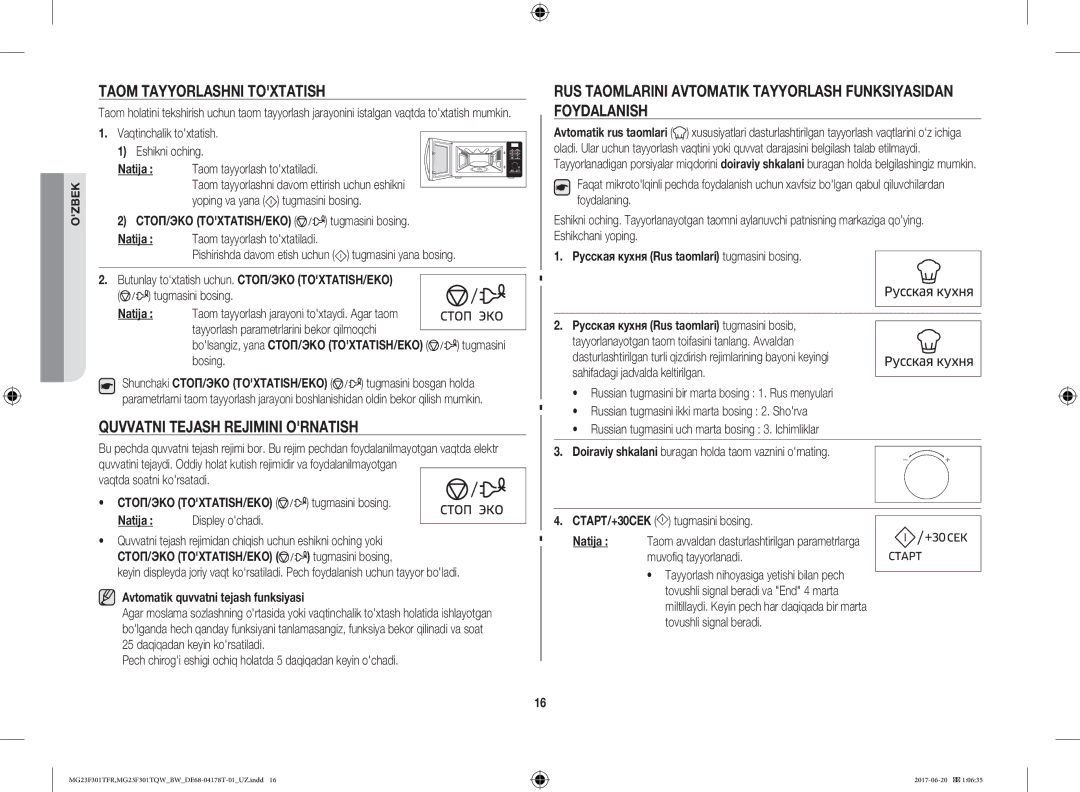 Samsung MG23F301TFR/BW manual Taom Tayyorlashni Toxtatish, Quvvatni Tejash Rejimini Ornatish 