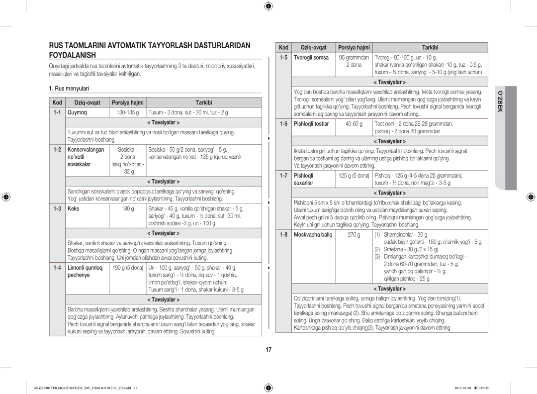 Samsung MG23F301TFR/BW manual Kod Oziq-ovqat, Tarkibi, Quymoq, Tuxum 3 dona, sut 30 ml, tuz 2 g, Tavsiyalar 