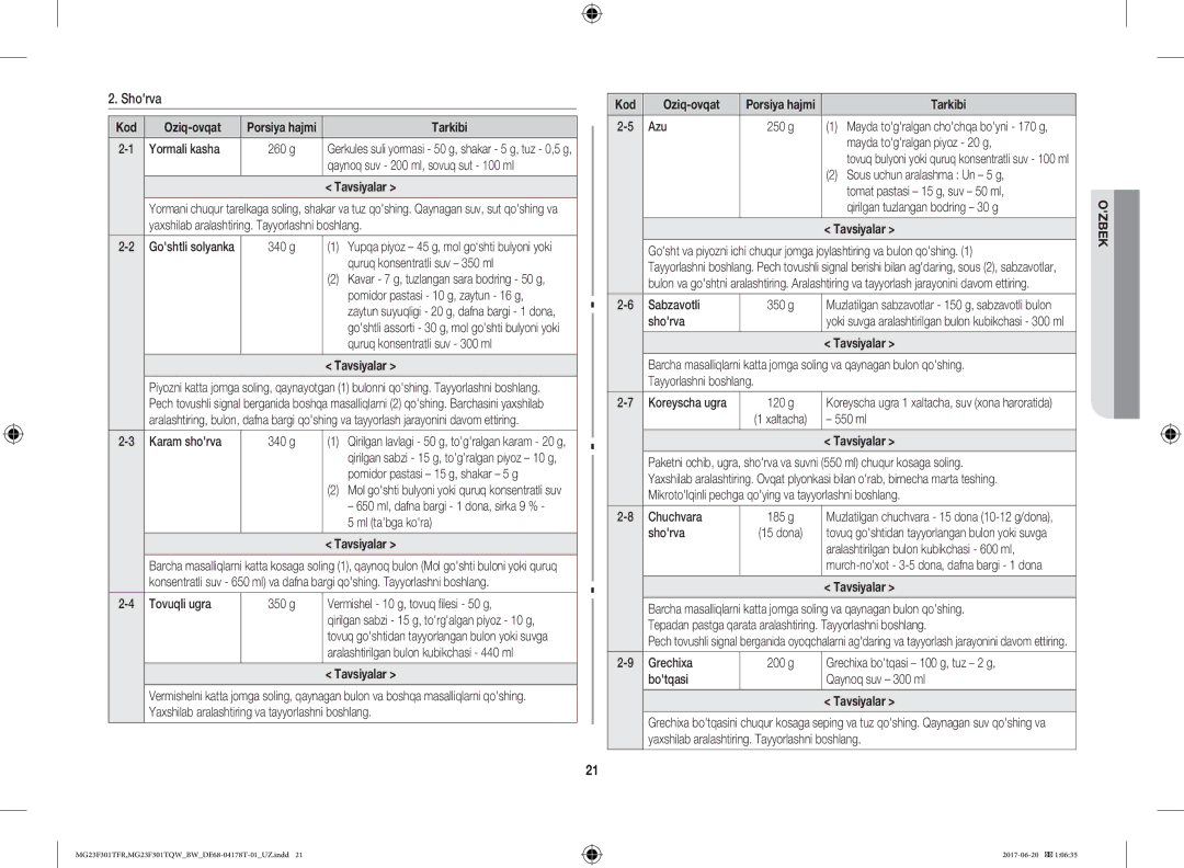 Samsung MG23F301TFR/BW manual Shorva, Yormali kasha, Qaynoq suv 200 ml, sovuq sut 100 ml 