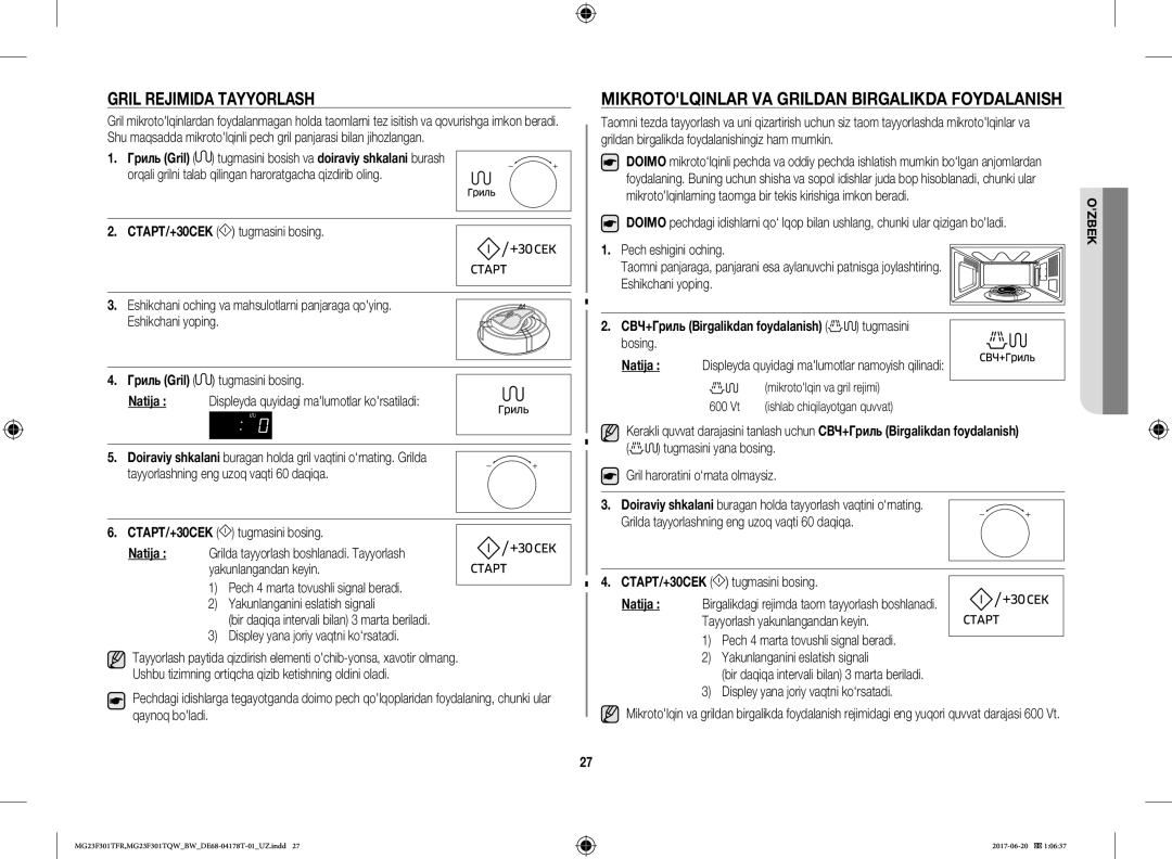 Samsung MG23F301TFR/BW manual Gril Rejimida Tayyorlash, Mikrotolqinlar VA Grildan Birgalikda Foydalanish, 600 Vt 