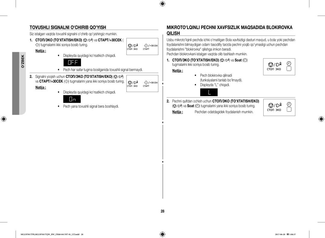 Samsung MG23F301TFR/BW manual Tovushli Signalni Ochirib Qoyish, Mikrotolqinli Pechni Xavfsizlik Maqsadida Blokirovka Qilish 