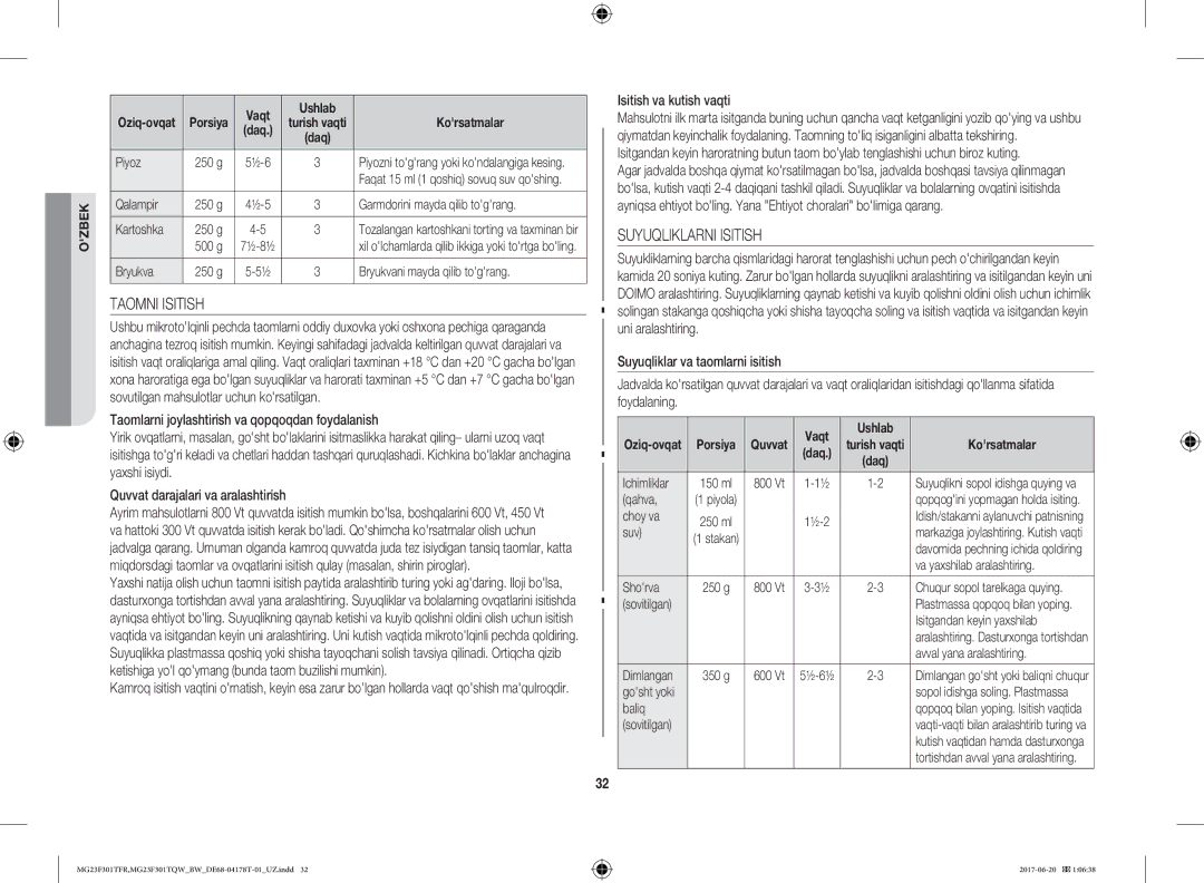 Samsung MG23F301TFR/BW manual Taomni Isitish, Suyuqliklarni Isitish, Isitish va kutish vaqti 