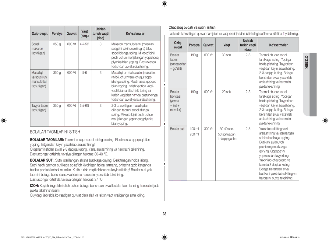 Samsung MG23F301TFR/BW manual Bolalar Taomlarini Isitish, Chaqaloq ovqati va sutini isitish, Oziq Ushlab 