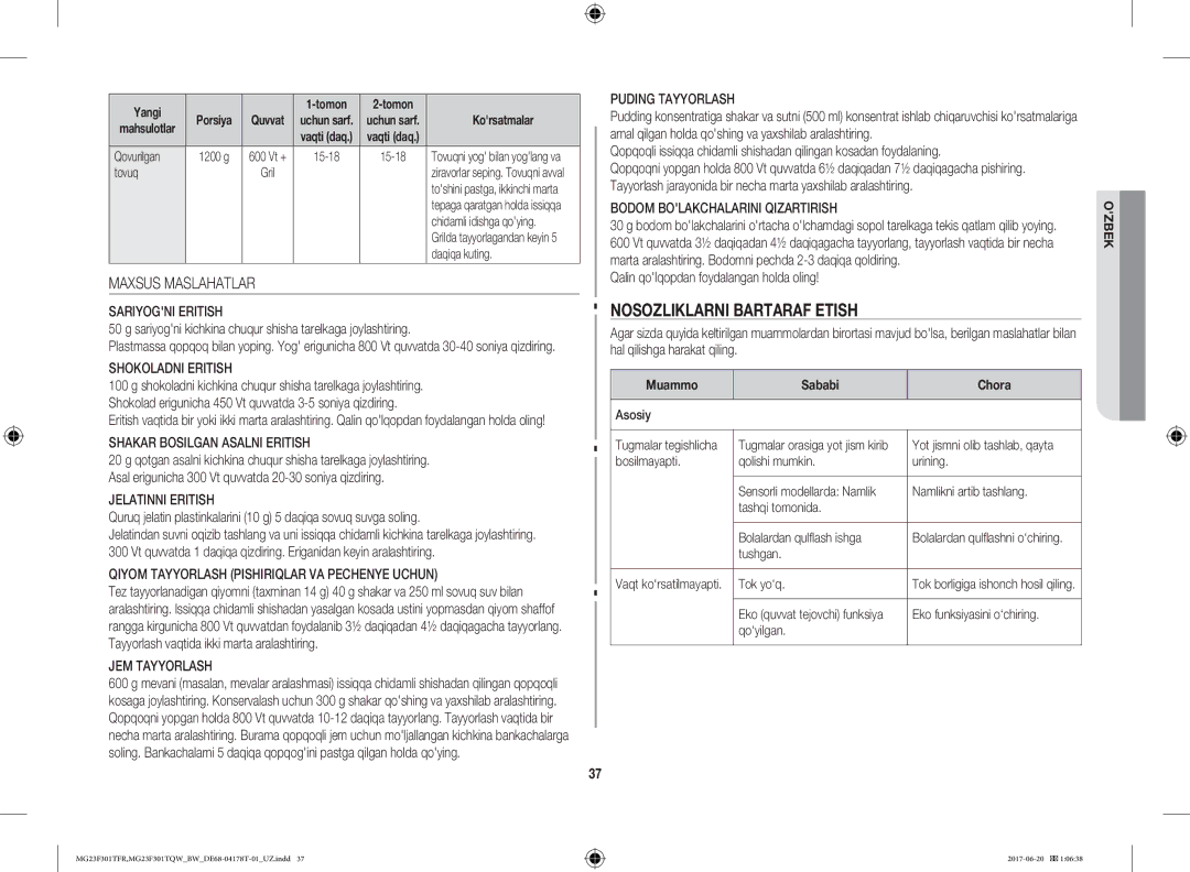 Samsung MG23F301TFR/BW manual Nosozliklarni Bartaraf Etish, Maxsus Maslahatlar 