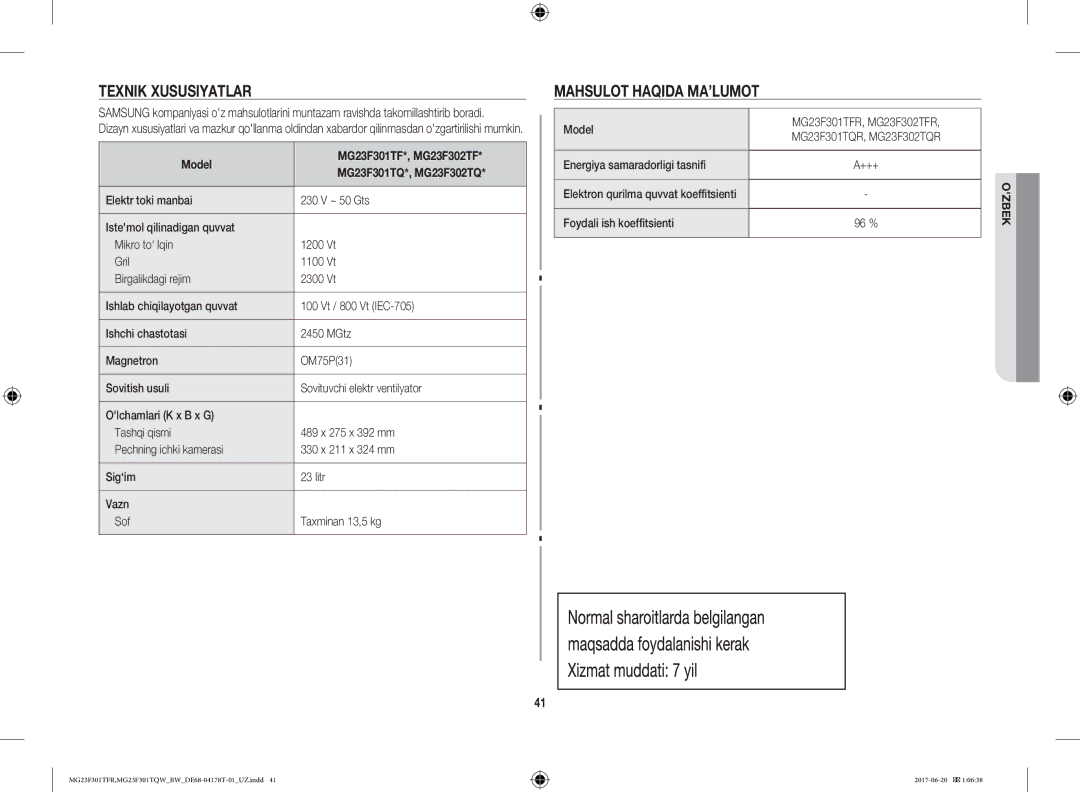 Samsung MG23F301TFR/BW Texnik Xususiyatlar Mahsulot Haqida MA’LUMOT, Model MG23F301TF*, MG23F302TF MG23F301TQ*, MG23F302TQ 