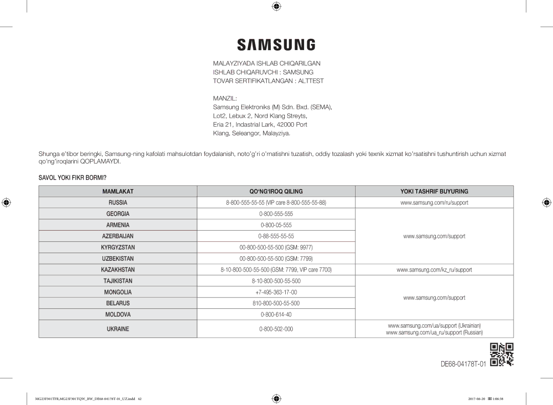 Samsung MG23F301TFR/BW manual Savol Yoki Fikr BORMI?, DE68-04178T-01 