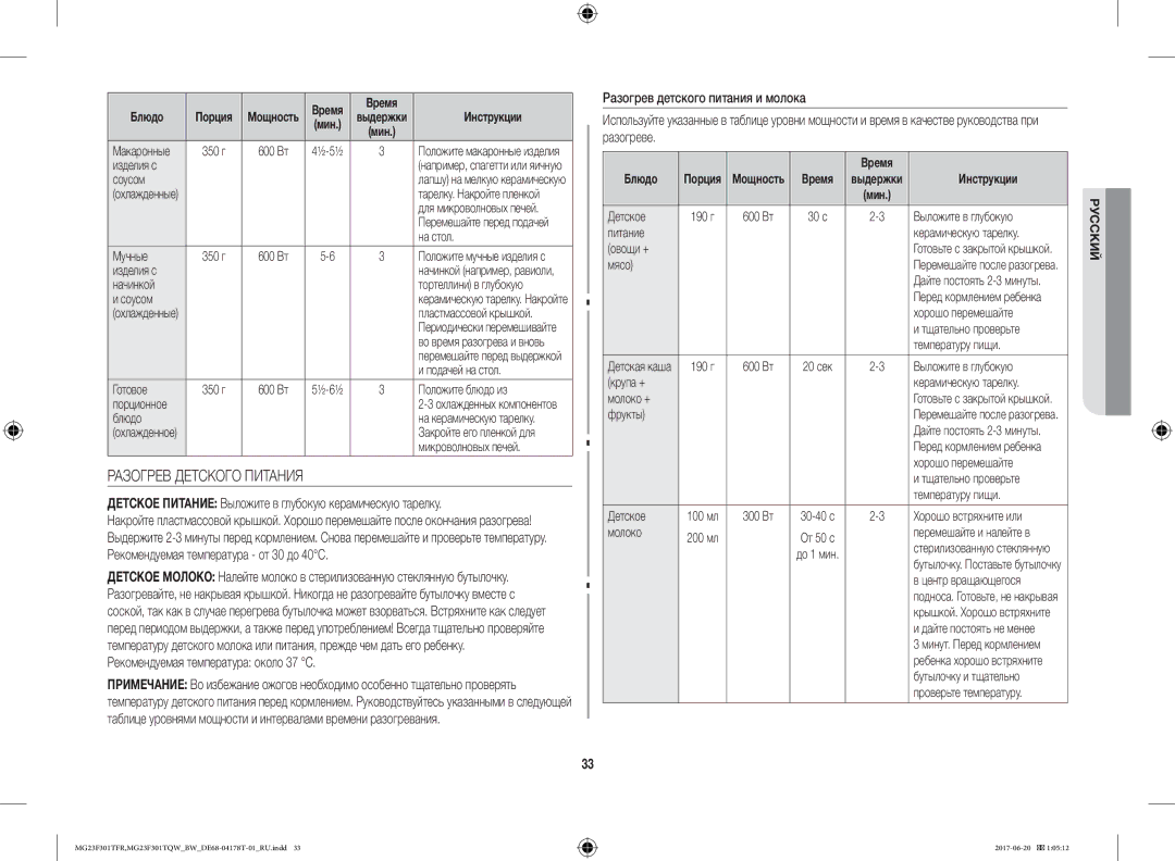 Samsung MG23F301TFR/BW manual Разогрев Детского Питания, Детское Питание Выложите в глубокую керамическую тарелку 