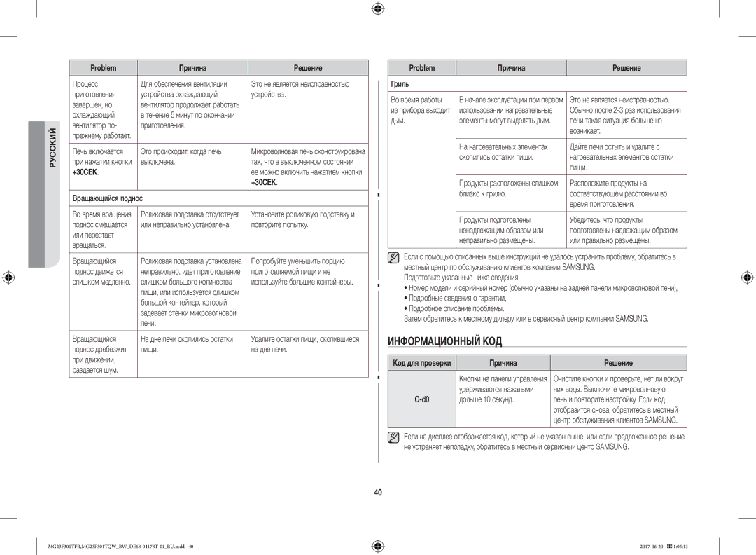 Samsung MG23F301TFR/BW manual Информационный КОД, +30СЕК, Причина Решение 