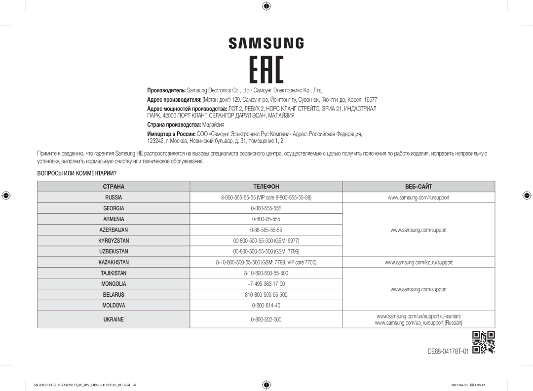 Samsung MG23F301TFR/BW manual Страна производства Малайзия, Вопросы ИЛИ КОММЕНТАРИИ? 