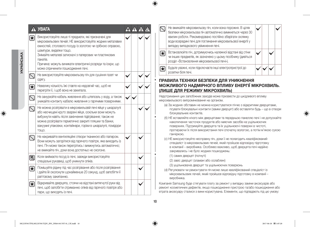 Samsung MG23F301TFR/BW manual Увага 