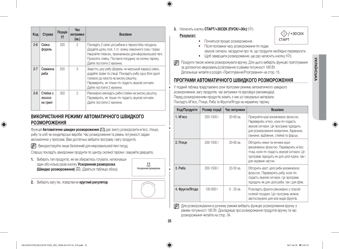 Samsung MG23F301TFR/BW manual Використання Режиму Автоматичного Швидкого Розмороження 