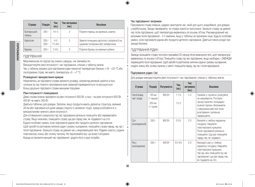 Samsung MG23F301TFR/BW manual Підігрівання Рідин, Розміщення і використання кришки, Час підігрівання і витримки 