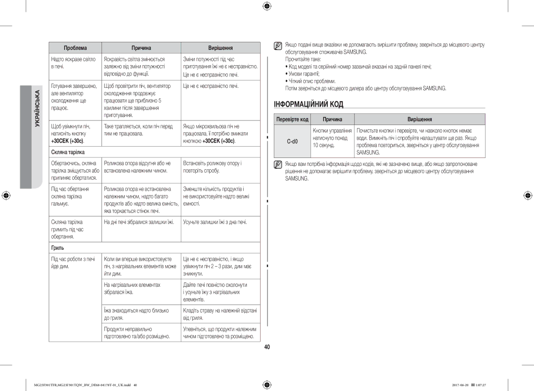 Samsung MG23F301TFR/BW manual Інформаційний КОД, +30СЕК +30с Кнопкою +30СЕК +30с, Причина Вирішення 