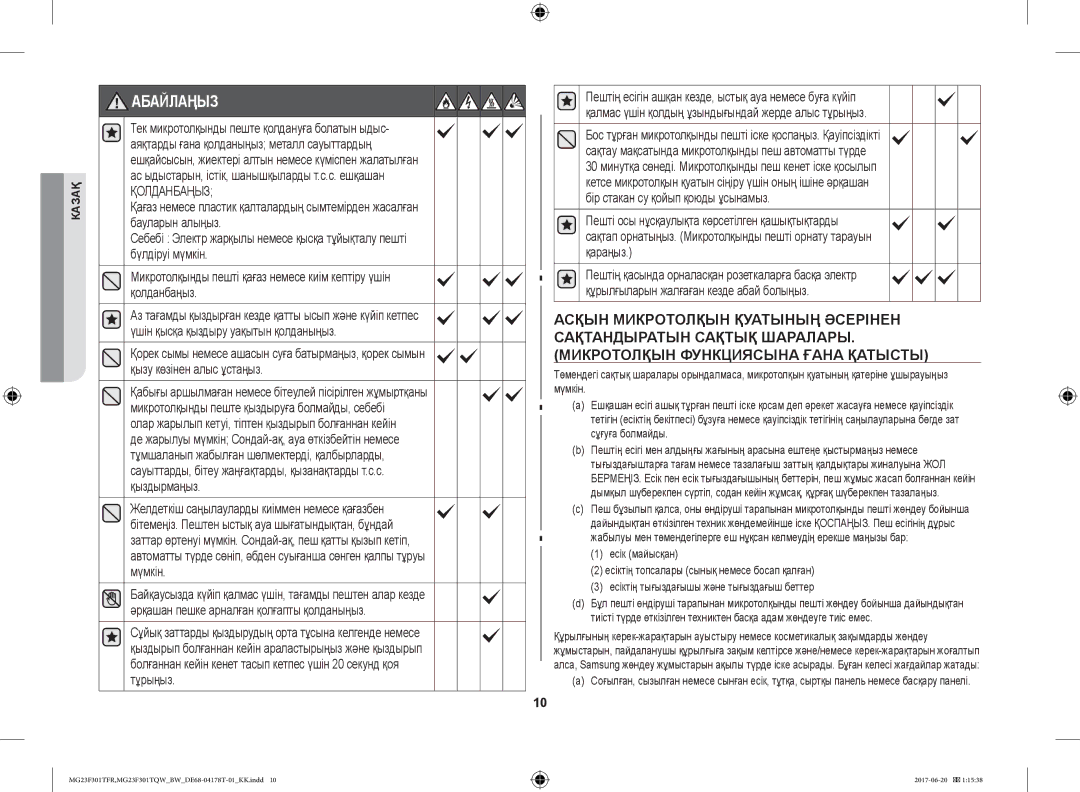 Samsung MG23F301TFR/BW manual Абайлаңыз, Қолданбаңыз 