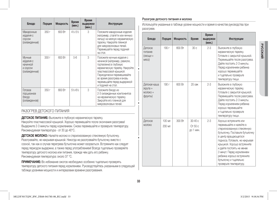 Samsung MG23F301TQR/BW manual Разогрев Детского Питания, Детское Питание Выложите в глубокую керамическую тарелку 