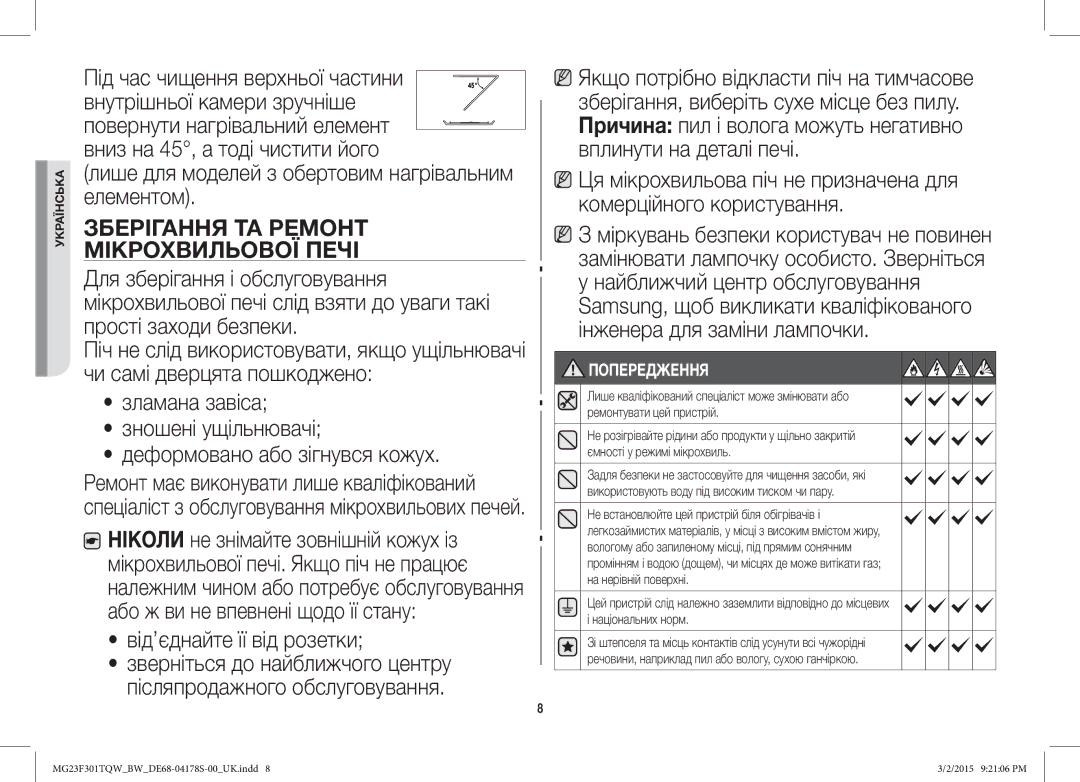 Samsung MG23F301TQR/BW manual Зберігання ТА Ремонт Мікрохвильової Печі 