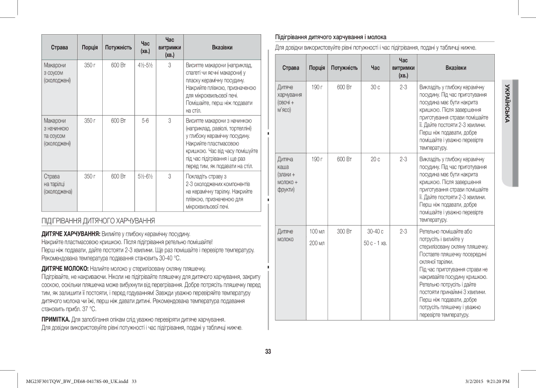 Samsung MG23F301TQR/BW manual Підігрівання Дитячого Харчування, Підігрівання дитячого харчування і молока 