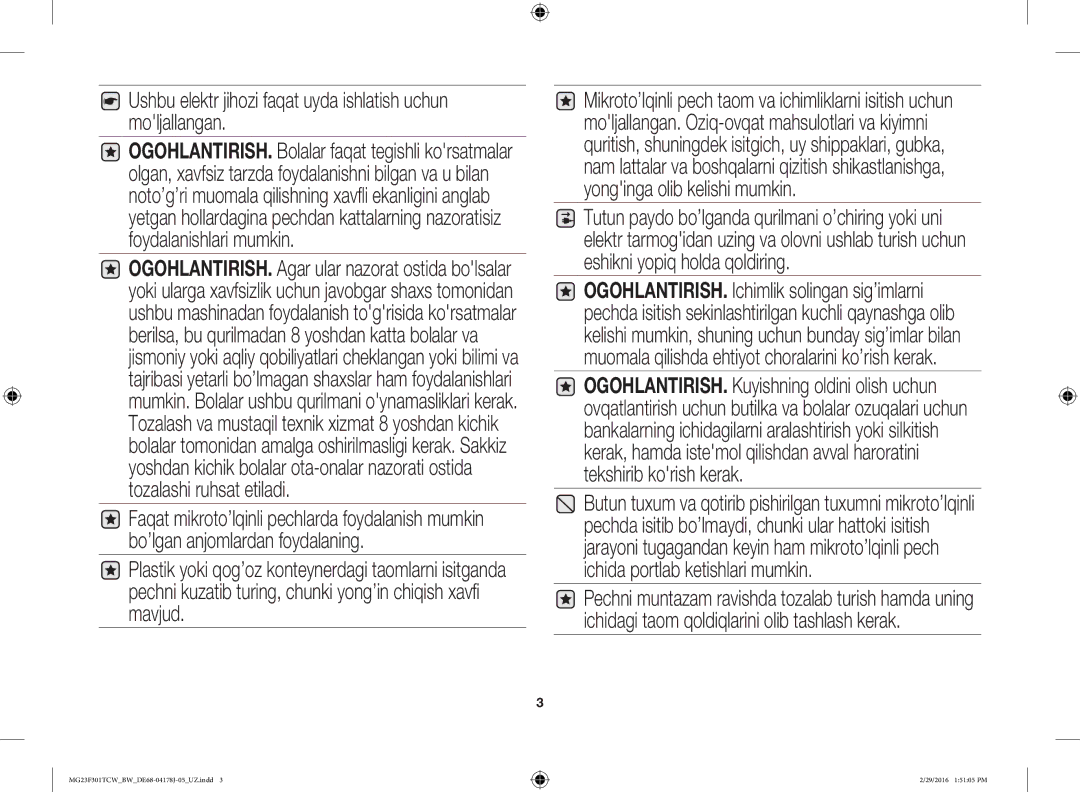 Samsung MG23F302TAK/BW, MG23F302TCS/BW, MG23F302TAS/BW manual Ushbu elektr jihozi faqat uyda ishlatish uchun moljallangan 