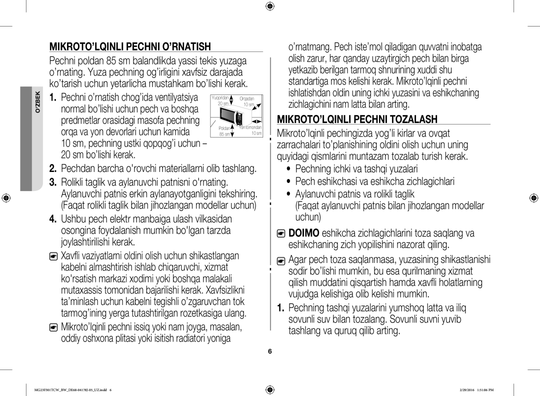 Samsung MG23F301TCW/BW, MG23F302TCS/BW, MG23F302TAS/BW, MG23F301TAW/BW MIKROTO’LQINLI Pechni O’RNATISH, Sm bo’lishi kerak 