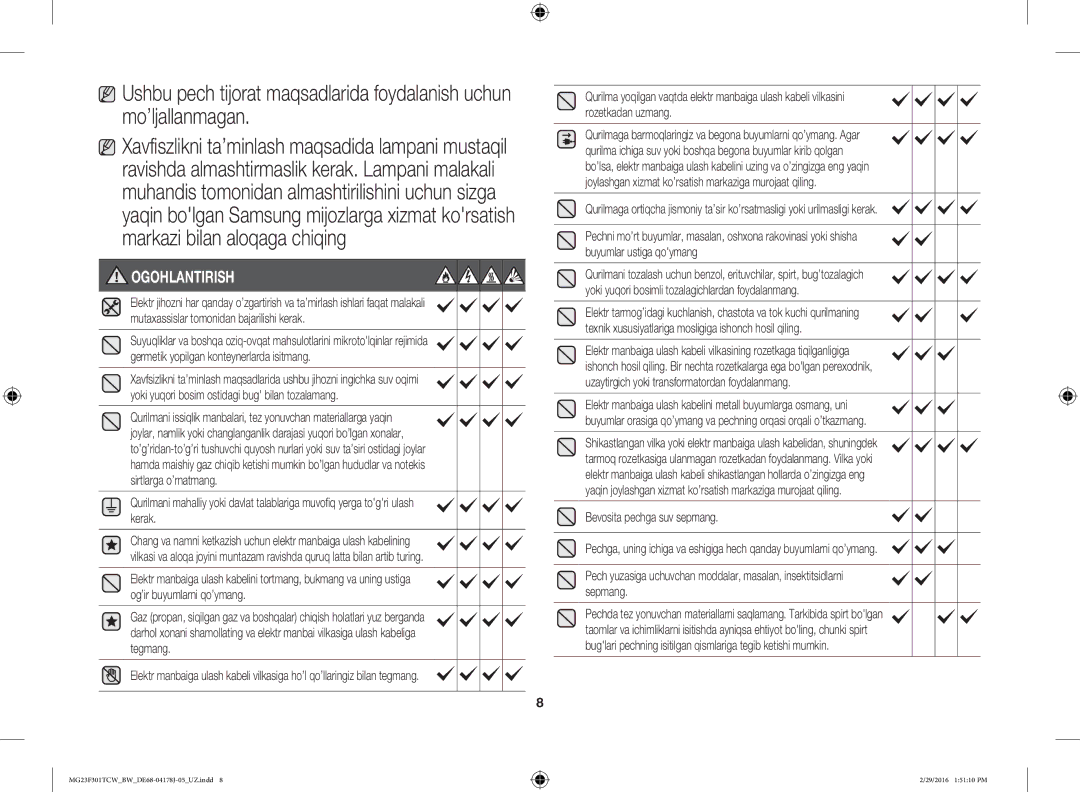 Samsung MG23F302TAK/BW, MG23F302TCS/BW, MG23F302TAS/BW, MG23F301TCW/BW, MG23F301TAW/BW manual Ogohlantirish 